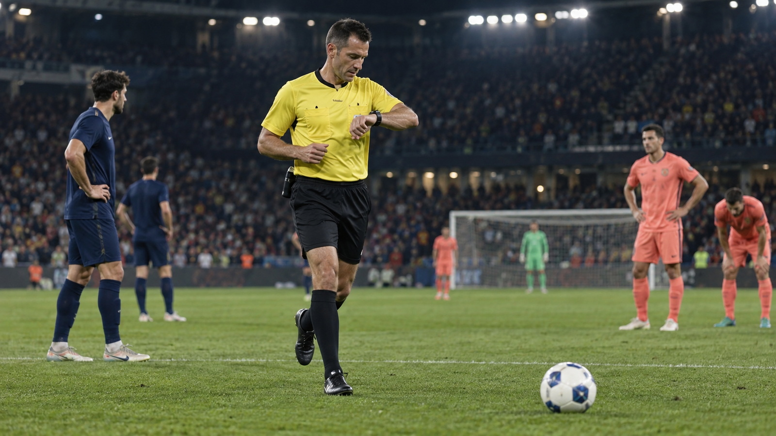 Sędzia piłkarski sprawdza zegarek podczas wieczornego meczu na stadionie
