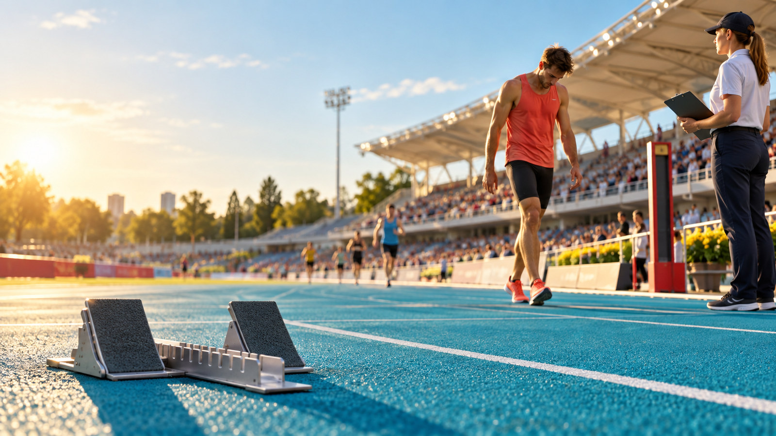 Puste bloki startowe, schodzący z bieżni zawodnik i sędzia z notatnikiem na stadionie lekkoatletycznym