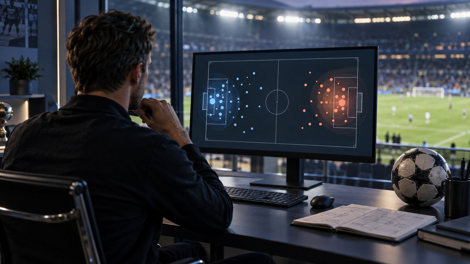Analityk piłkarski obserwuje na ekranie abstrakcyjną mapę strzałów na tle stadionu